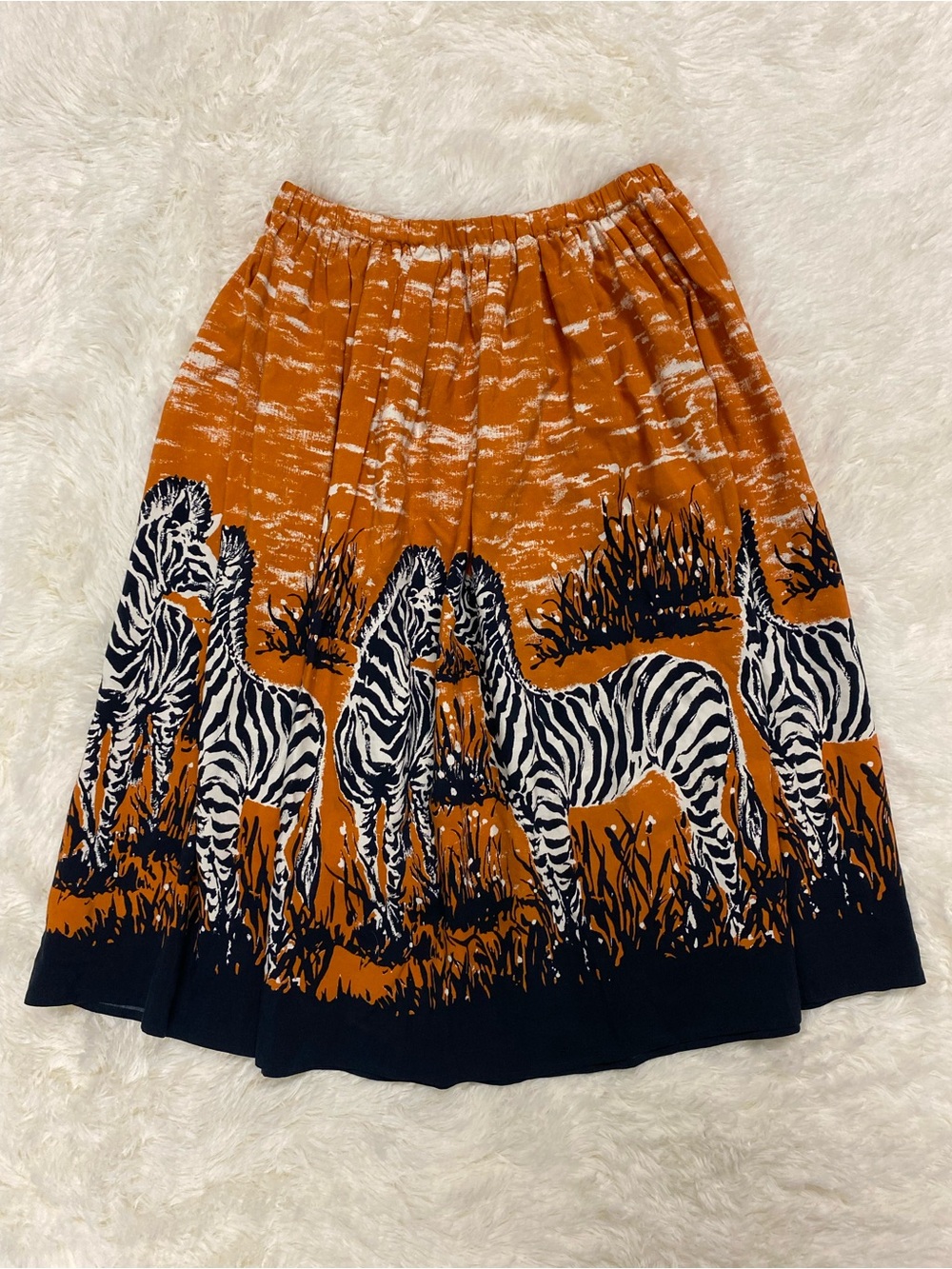 Nieman Marcus Silk Linen Orange Zebra Print Midi Skirt, Size Small